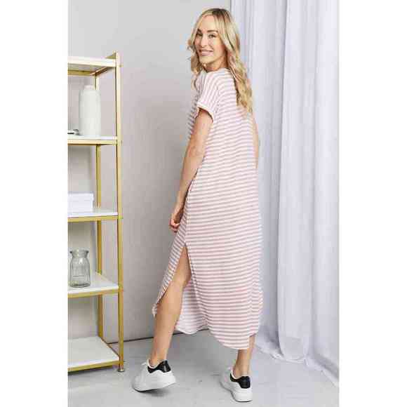 Heimish Full Size Horizontal Stripe Side Slit V-Neck Dress - Picture 2 of 4